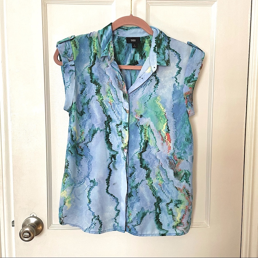 Sleeveless Marble Print Blouse, silky blue size S
